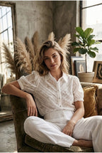 Chemise texturée élégante manches bouffantes légères - Blanc