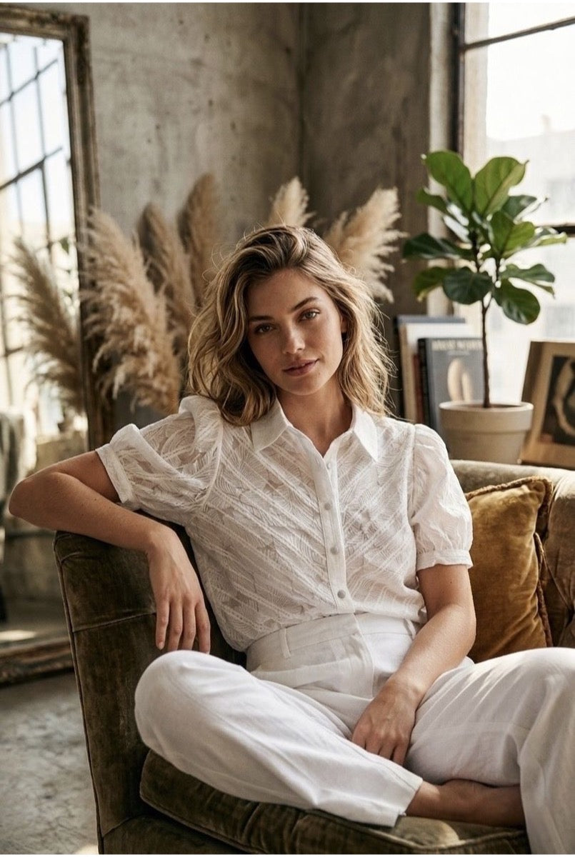 Chemise texturée élégante manches bouffantes légères - Blanc