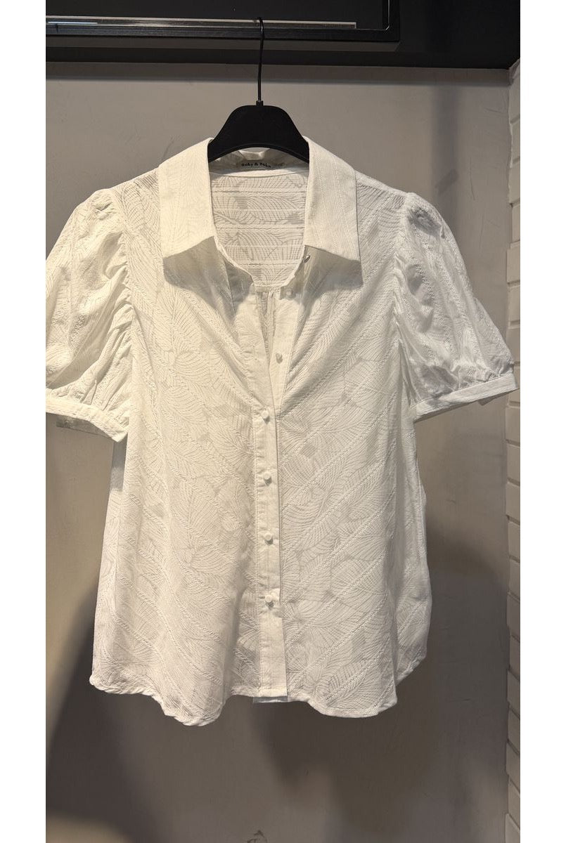 Chemise texturée élégante manches bouffantes légères - Blanc