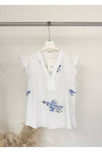 Top fluide brodé fleuri bleu rose - Bleu