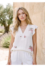Top fluide brodé fleuri bleu rose - Rose