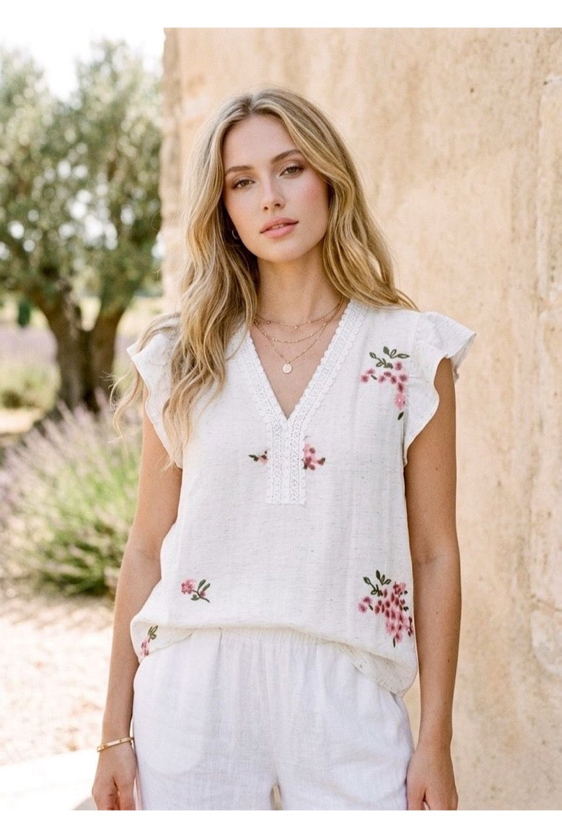 Top fluide brodé fleuri bleu rose - Rose