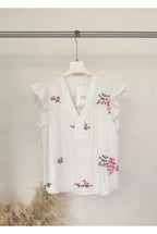 Top fluide brodé fleuri bleu rose - Rose