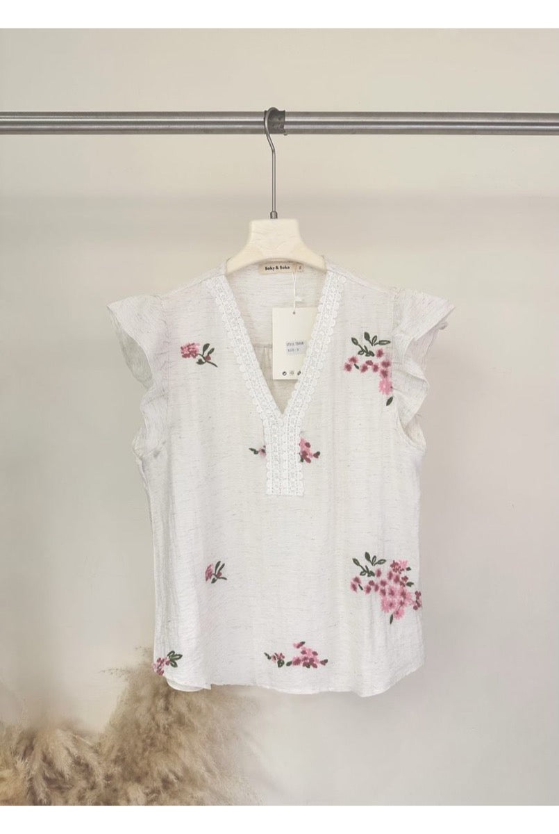 Top fluide brodé fleuri bleu rose - Rose
