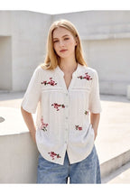 Chemisier Fluide Écru à Broderies Florales (Bleues ou Roses) - Rose