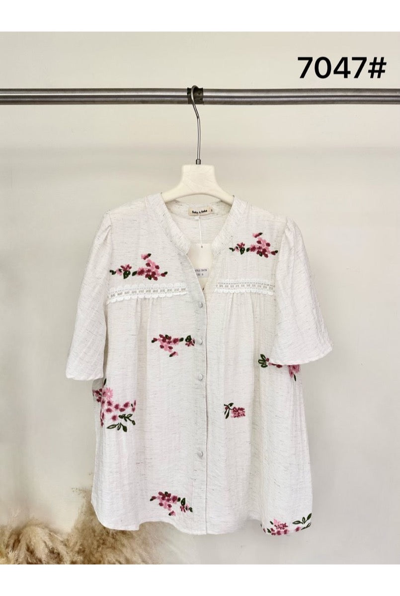 Chemisier Fluide Écru à Broderies Florales (Bleues ou Roses) - Rose