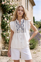 Top fluide broderie graphique blanc bleu - Blanc