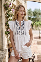 Top fluide broderie graphique blanc bleu - Blanc