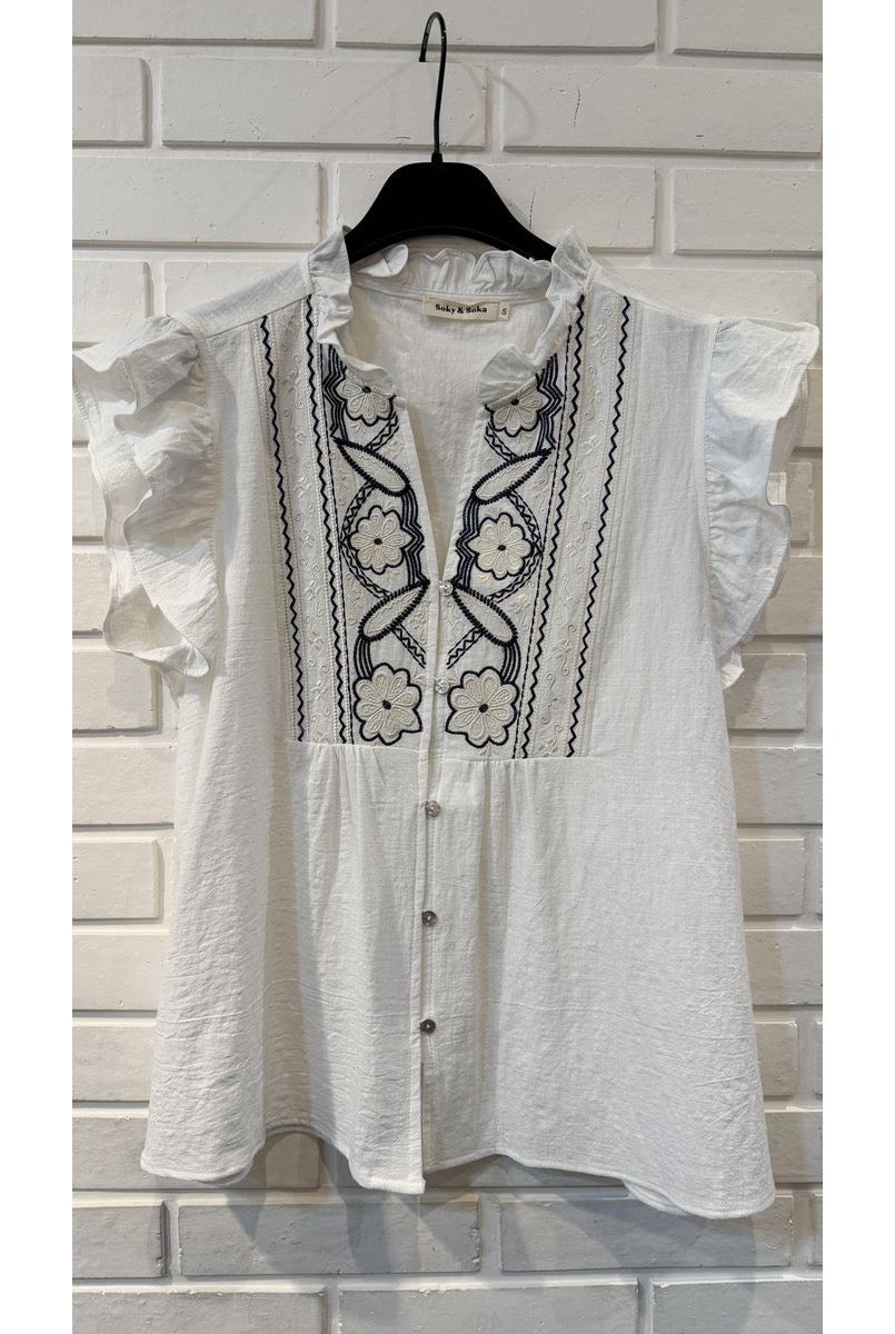 Top fluide broderie graphique blanc bleu - Blanc