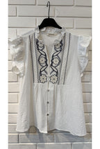 Top fluide broderie graphique blanc bleu - Blanc