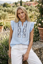Top fluide broderie graphique blanc bleu - Bleu