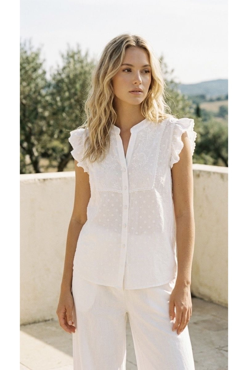 Chemise brodée fluide manches volantées féminine - Blanc