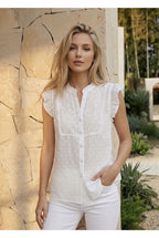Chemise brodée fluide manches volantées féminine - Blanc