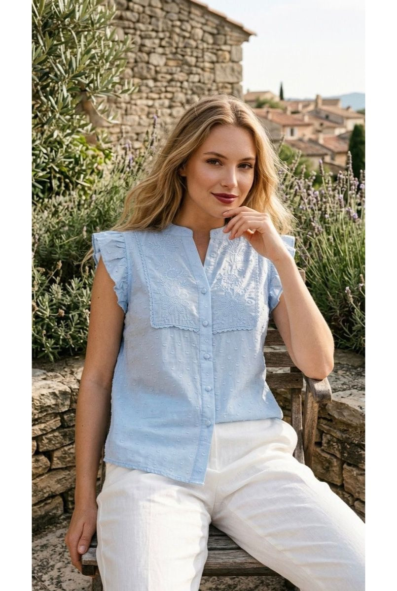 Chemise brodée fluide manches volantées féminine - Bleu