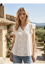 Blouse sans manches à volants et dentelle romantique - Blanc
