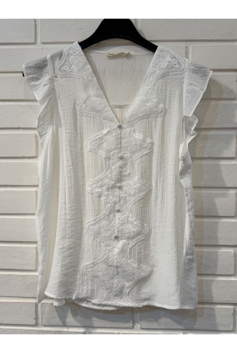 Blouse sans manches à volants et dentelle romantique - Blanc