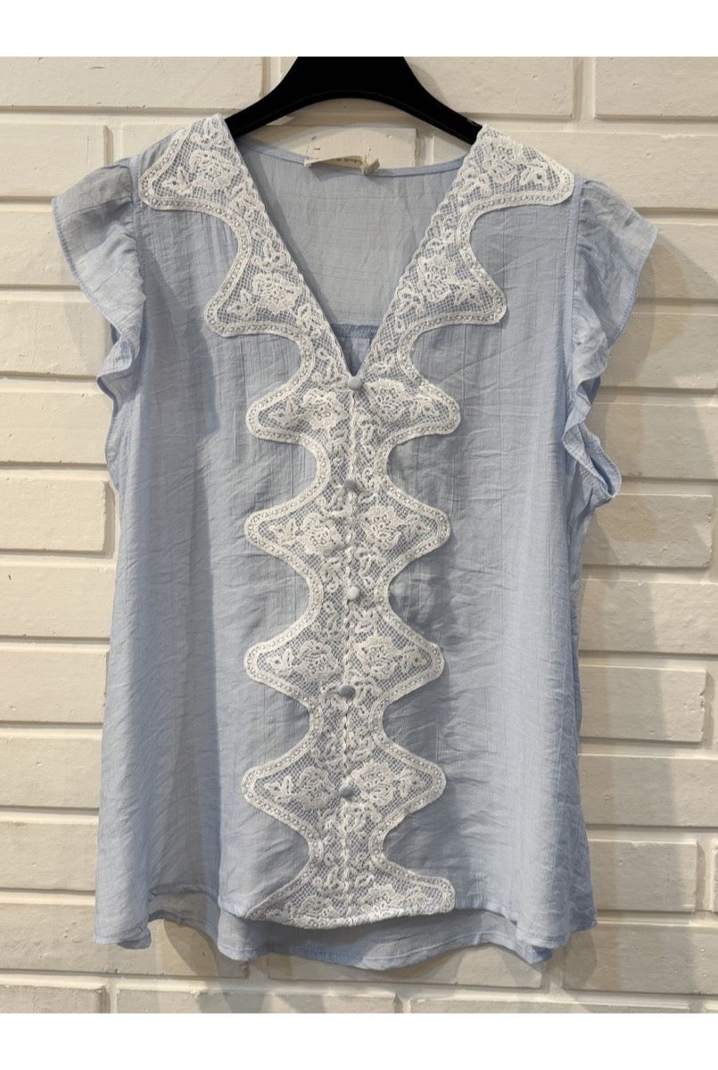 Blouse sans manches à volants et dentelle romantique - Bleu