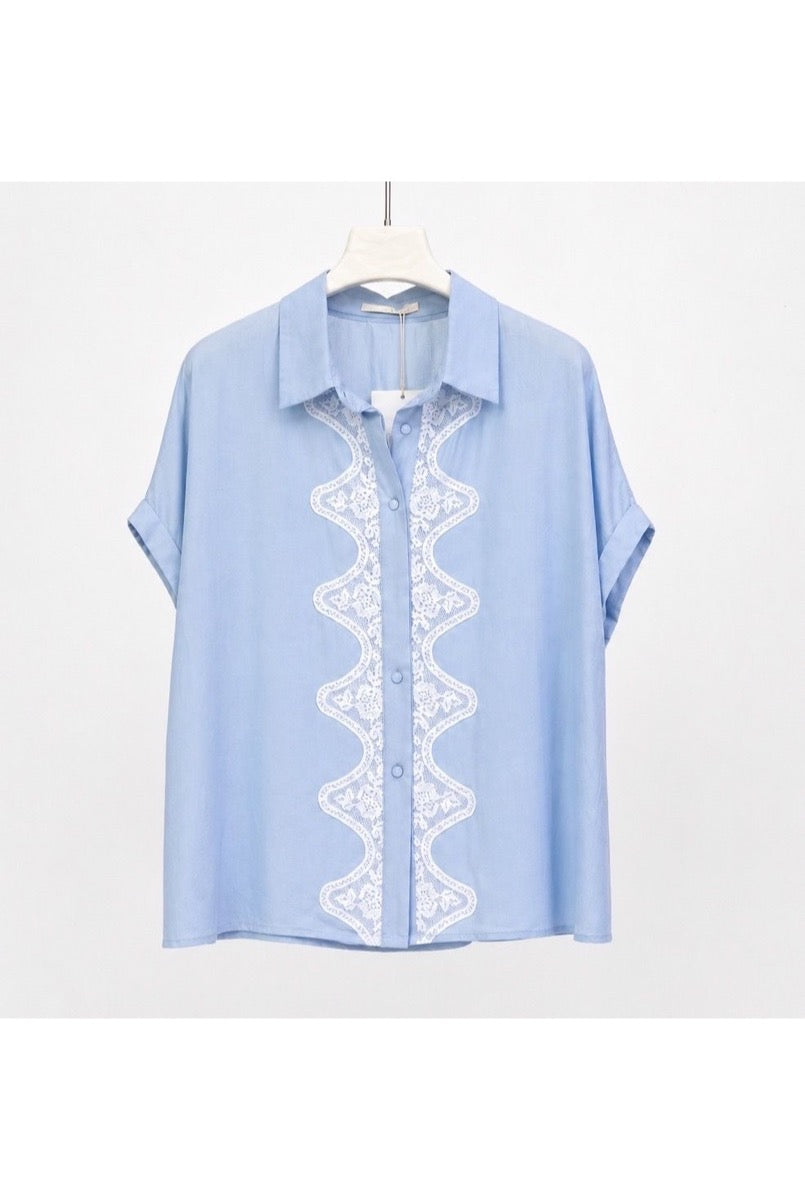 Chemise fluide dentelle élégance deux couleurs - Bleu