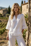 Blouse fluide broderie ajourée deux couleurs - Blanc