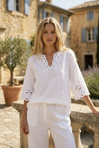 Blouse fluide broderie ajourée deux couleurs - Blanc