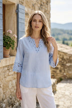 Blouse fluide broderie ajourée deux couleurs - Bleu