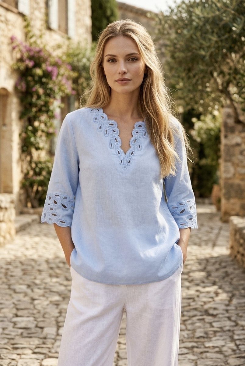 Blouse fluide broderie ajourée deux couleurs - Bleu