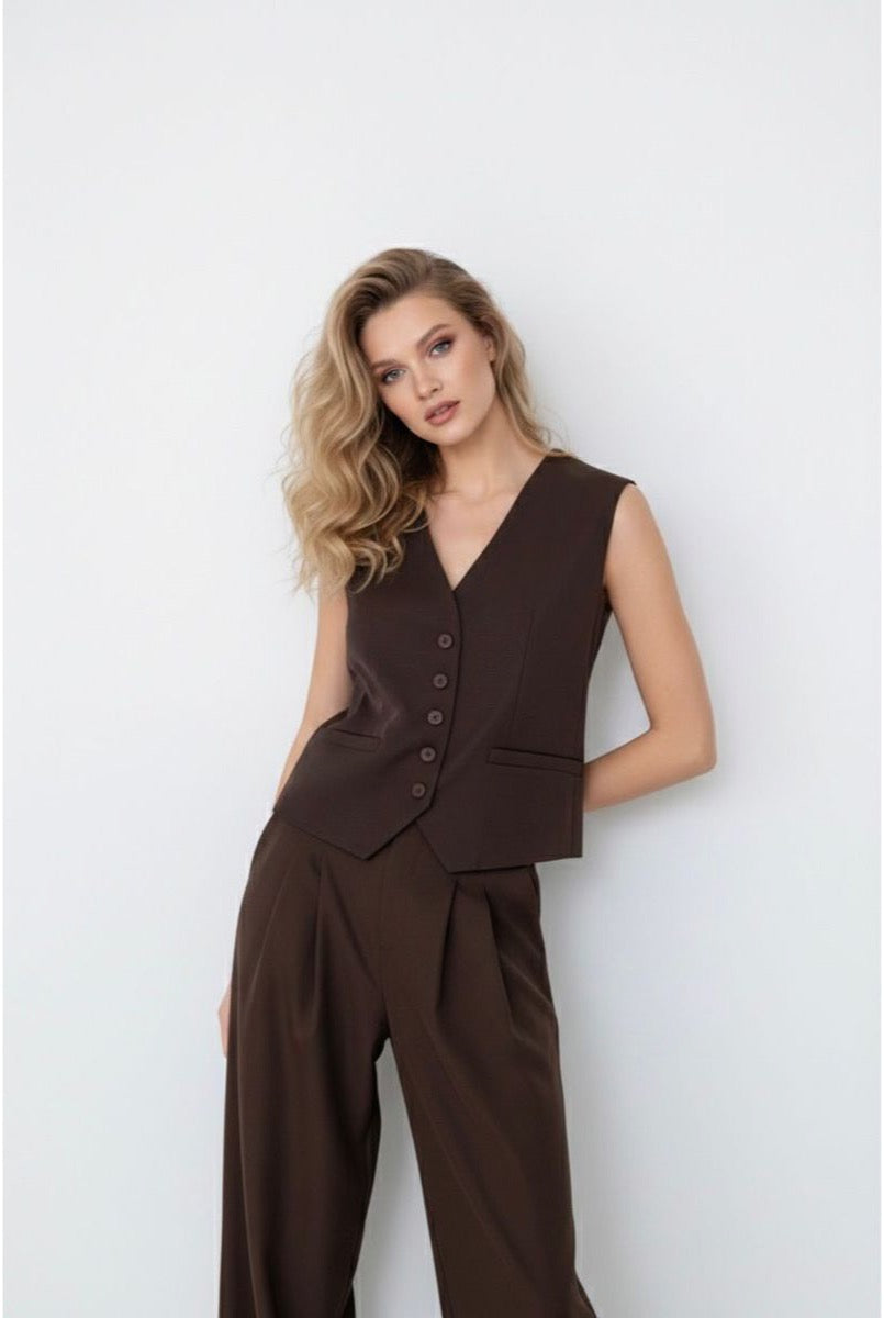 Gilet Sans Manches Chic Combiné Avec Pantalon — Réf. 829 - Marron