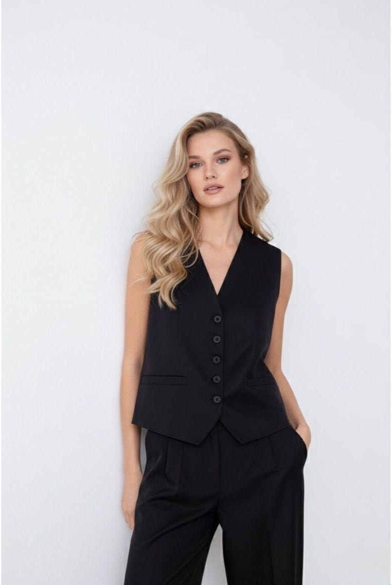 Gilet Sans Manches Chic Combiné Avec Pantalon — Réf. 829 - Noir