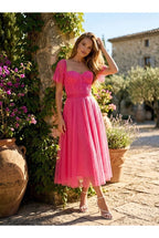 Robe élégante midi en dentelle fluide - Fuchsia