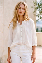 Chemise fluide col volanté et plis plats - Blanc