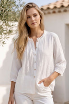 Chemise fluide col volanté et plis plats - Blanc