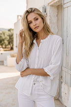 Chemise fluide col volanté et plis plats - Blanc