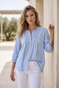 Chemise fluide col volanté et plis plats - Bleu