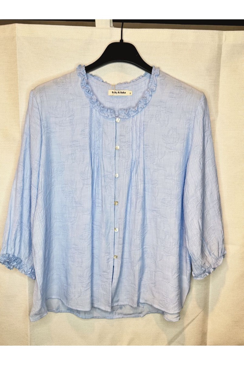 Chemise fluide col volanté et plis plats - Bleu