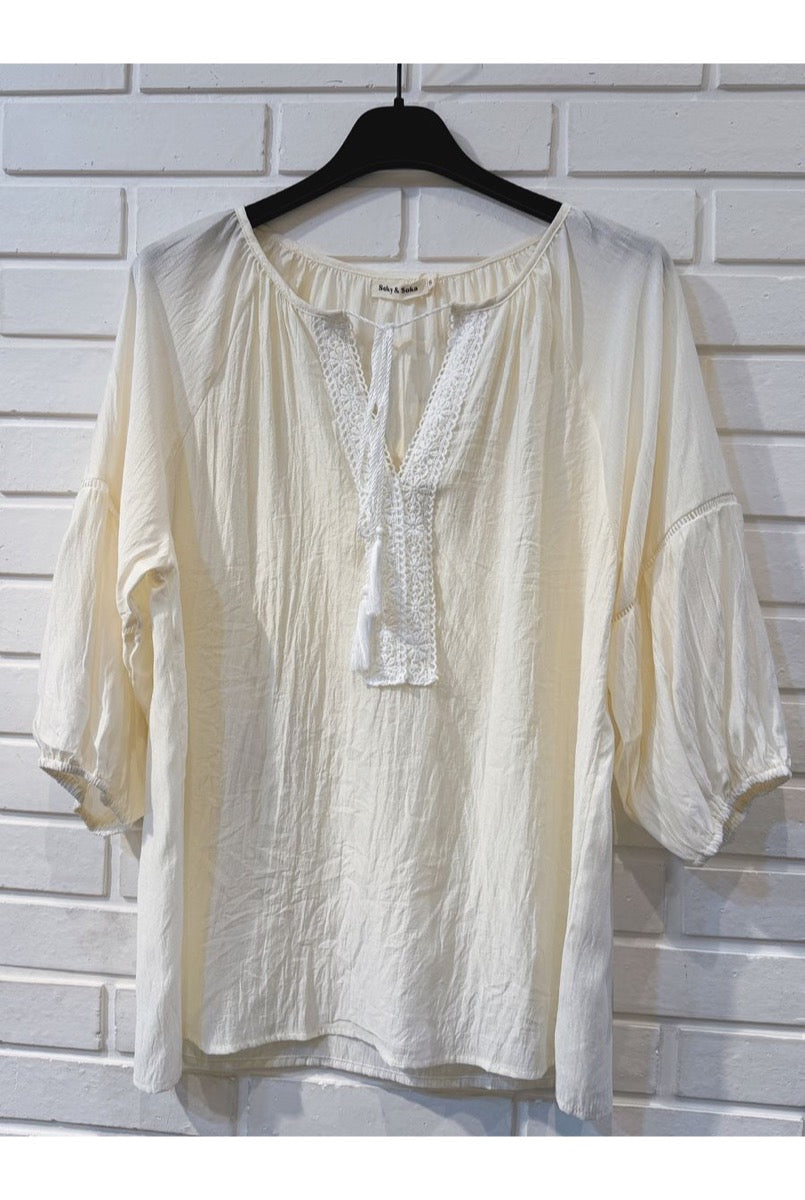 Blouse bohème brodée à pampilles - Blanc