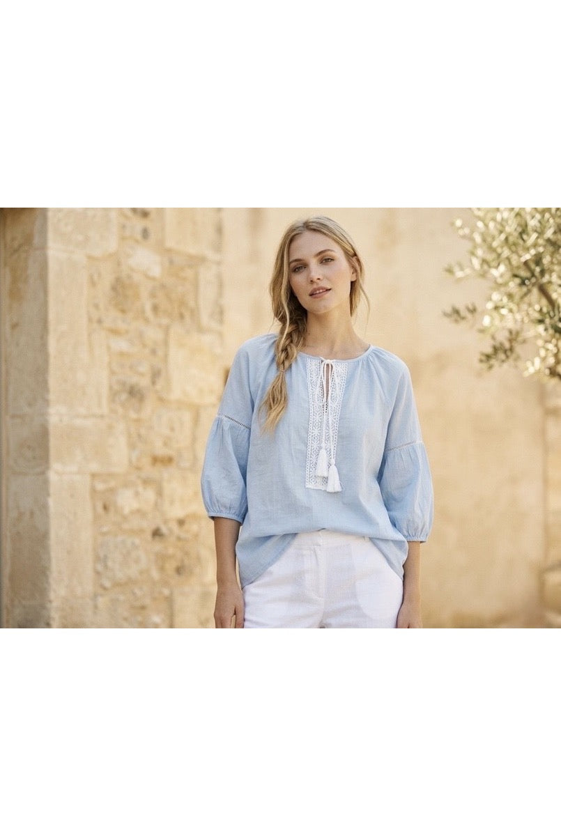 Blouse bohème brodée à pampilles - Bleu