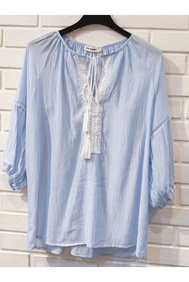 Blouse bohème brodée à pampilles - Bleu