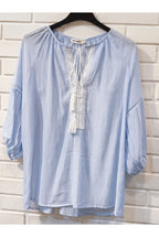 Blouse bohème brodée à pampilles - Bleu