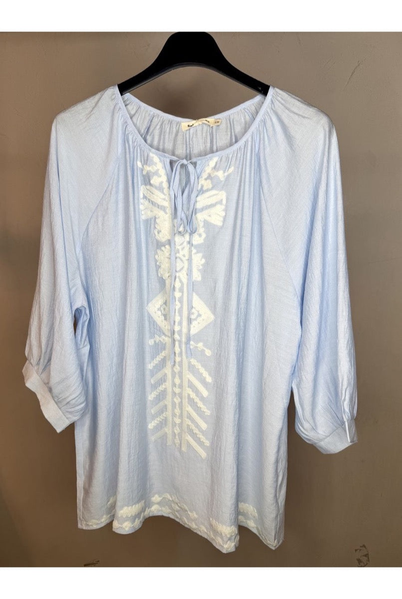 Blouse fluide brodée bohème bleu écru - Bleu