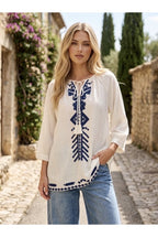 Blouse fluide brodée bohème bleu écru - Écru