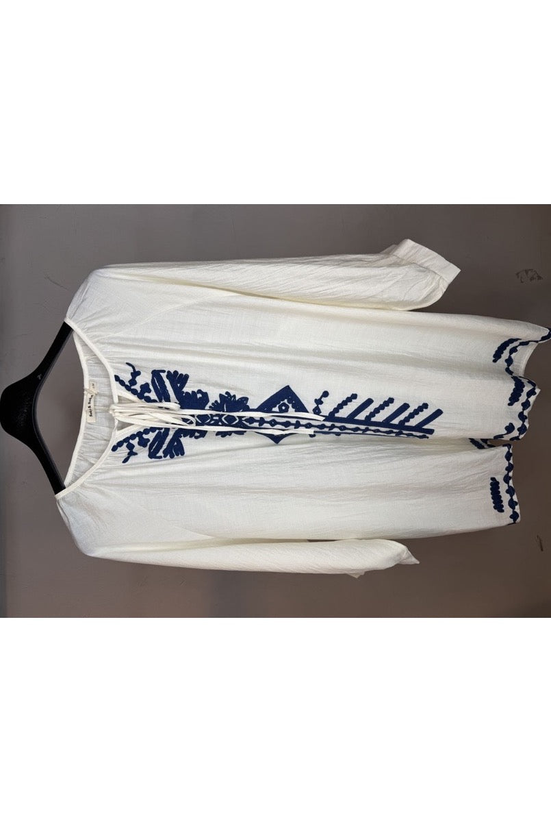 Blouse fluide brodée bohème bleu écru - Écru