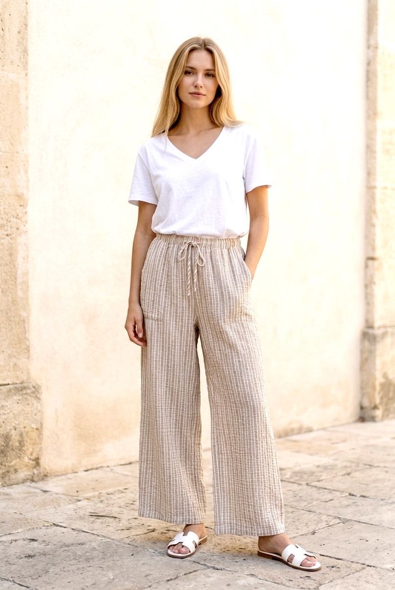 Pantalon fluide rayé bleu beige - Beige