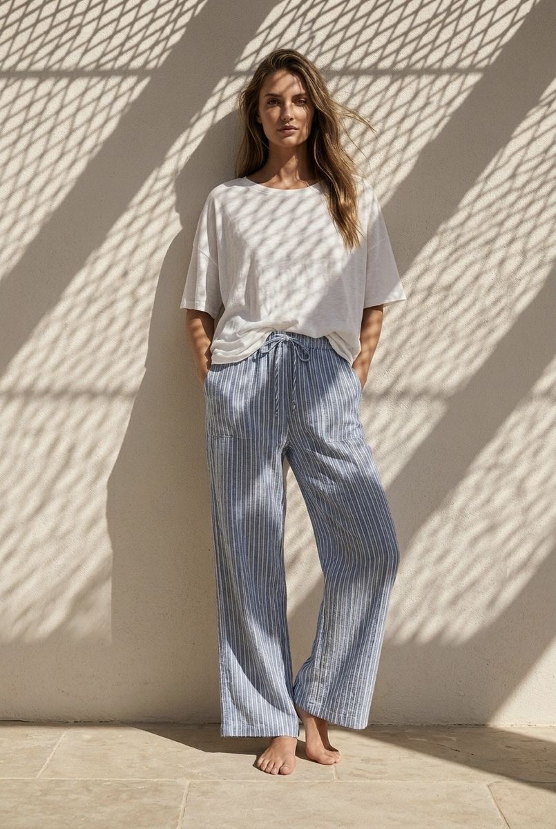 Pantalon fluide rayé bleu beige - Bleu