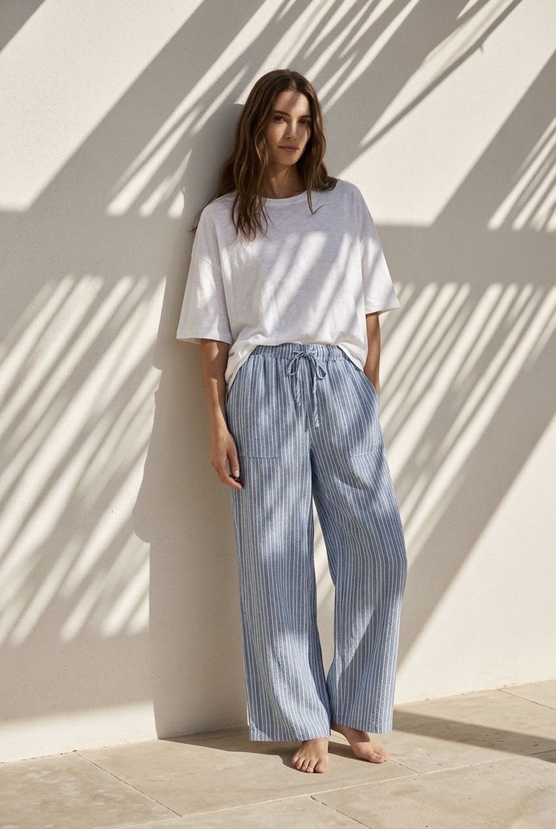 Pantalon fluide rayé bleu beige - Bleu