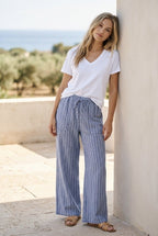 Pantalon fluide rayé bleu beige - Bleu