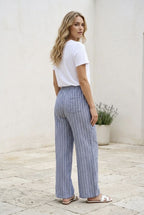 Pantalon fluide rayé bleu beige - Bleu