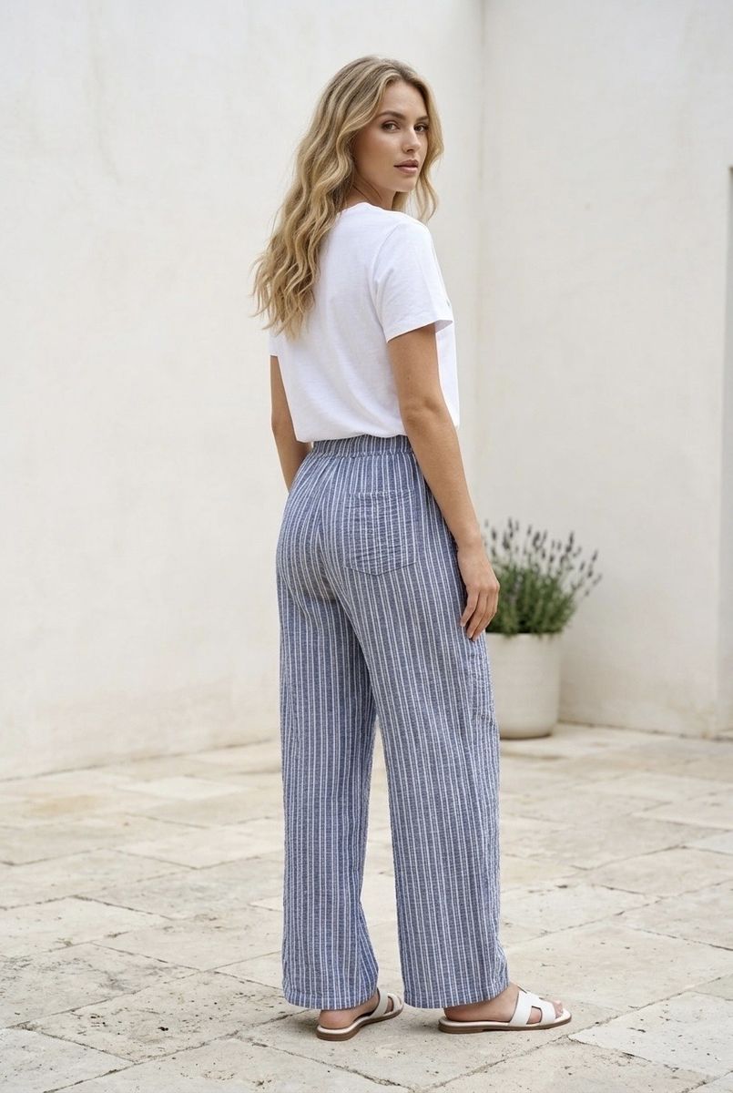 Pantalon fluide rayé bleu beige - Bleu