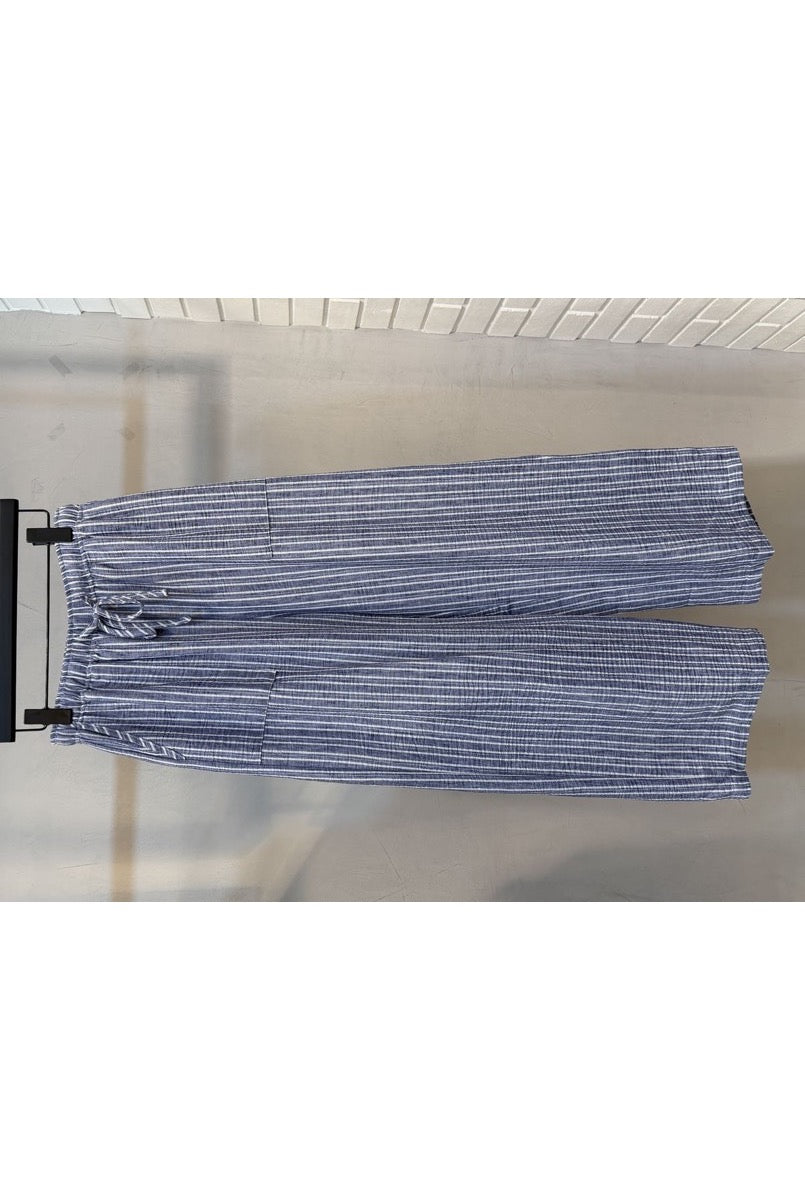 Pantalon fluide rayé bleu beige - Bleu