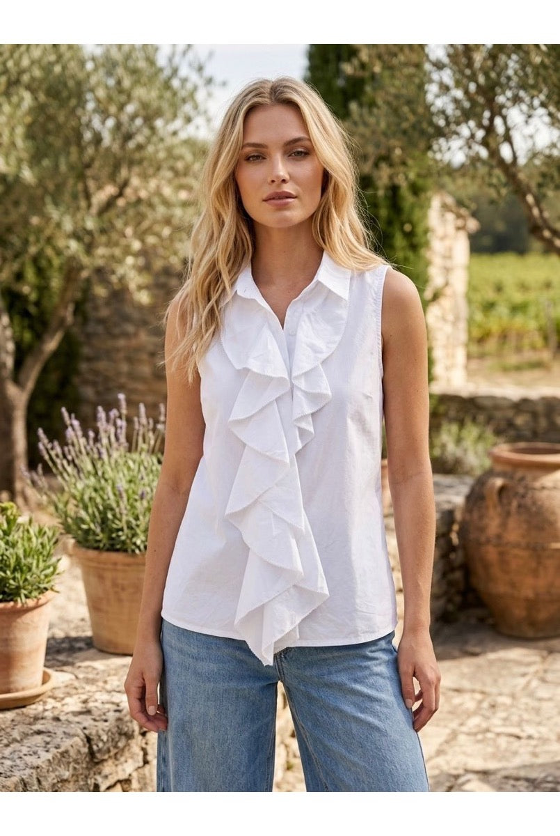 Chemise sans manches à volants cascade - Blanc