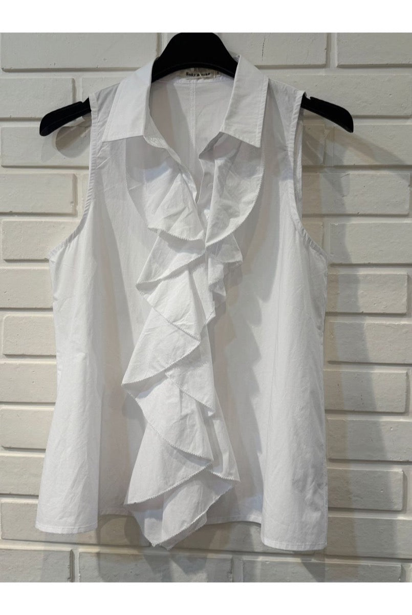 Chemise sans manches à volants cascade - Blanc